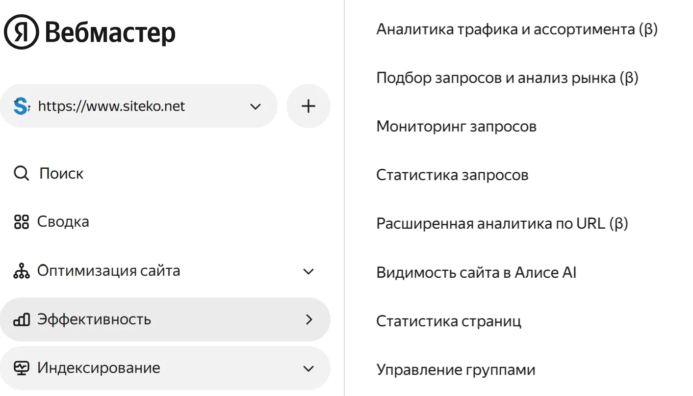Меню «Эффективность» в Яндек Вебмастере
